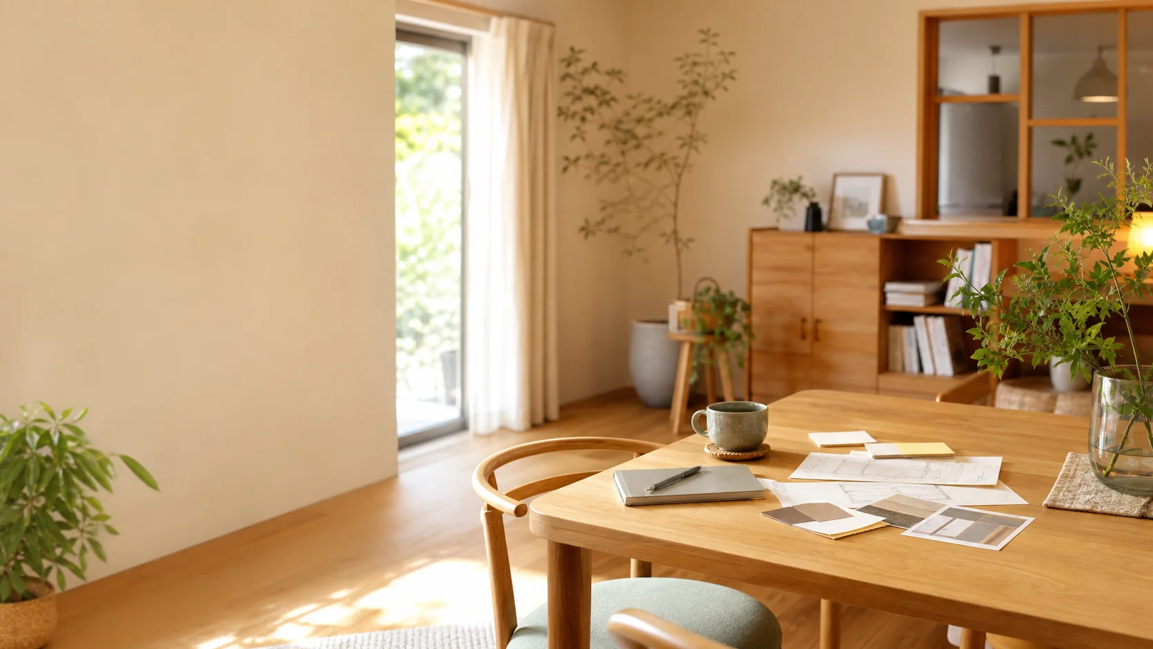植物と木の質感がある温かい室内（素材イメージ）